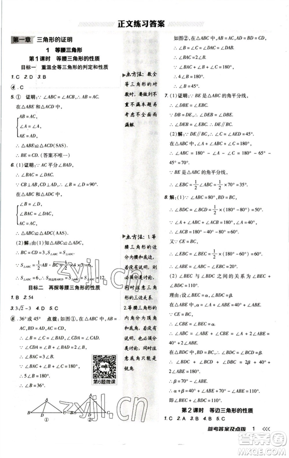 陜西人民教育出版社2023綜合應(yīng)用創(chuàng)新題典中點八年級數(shù)學下冊北師大版參考答案