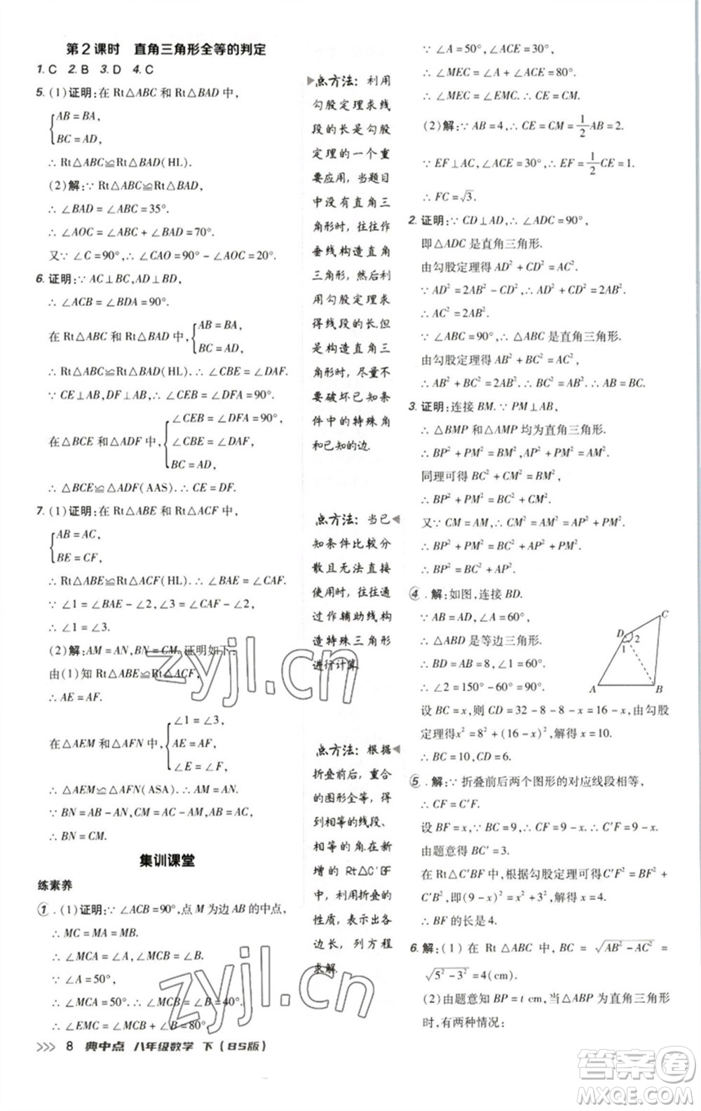 陜西人民教育出版社2023綜合應(yīng)用創(chuàng)新題典中點八年級數(shù)學下冊北師大版參考答案