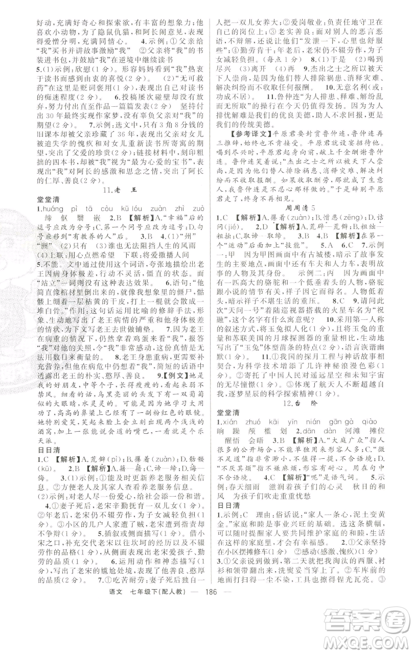 新疆青少年出版社2023四清導(dǎo)航七年級下冊語文人教版參考答案