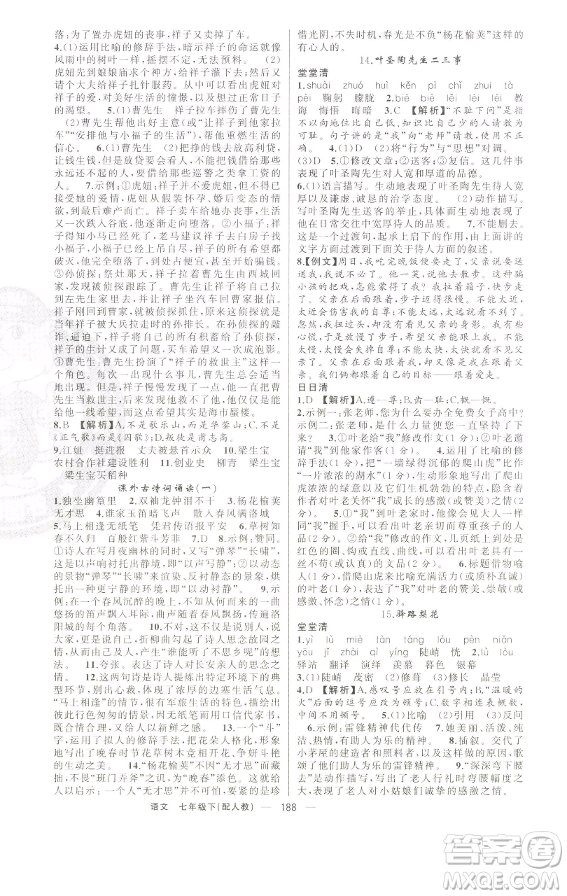 新疆青少年出版社2023四清導(dǎo)航七年級下冊語文人教版參考答案
