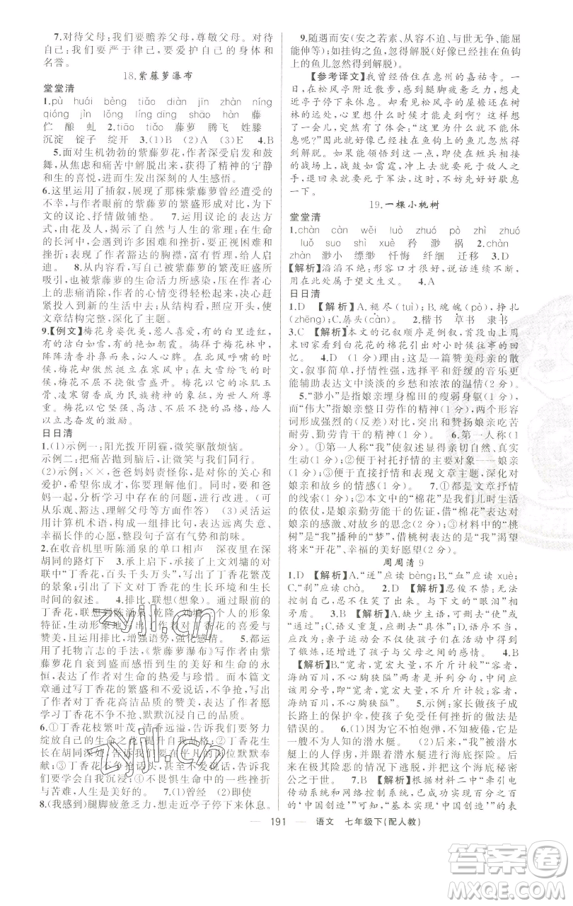 新疆青少年出版社2023四清導(dǎo)航七年級下冊語文人教版參考答案