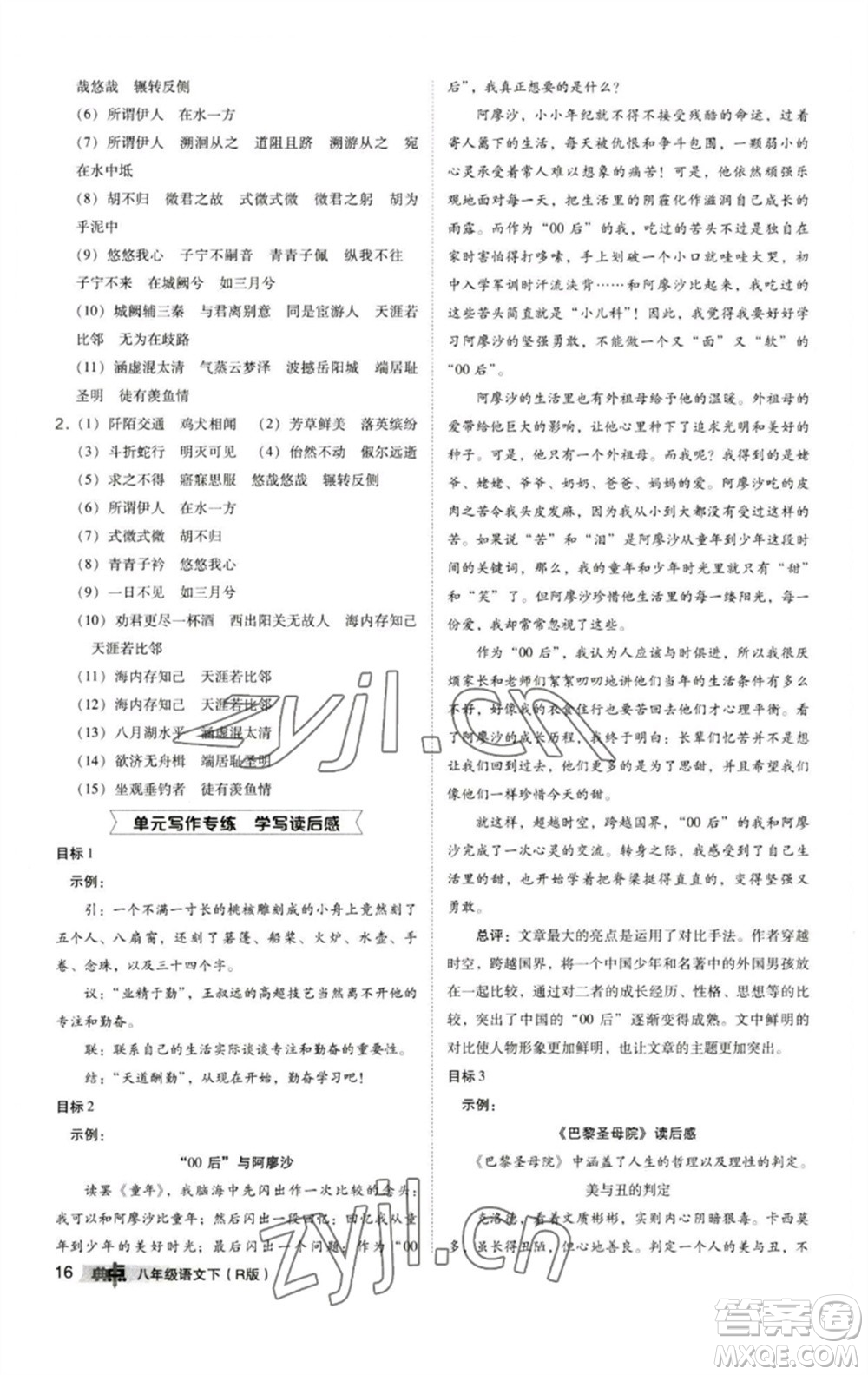 陜西人民教育出版社2023綜合應(yīng)用創(chuàng)新題典中點八年級語文下冊人教版參考答案