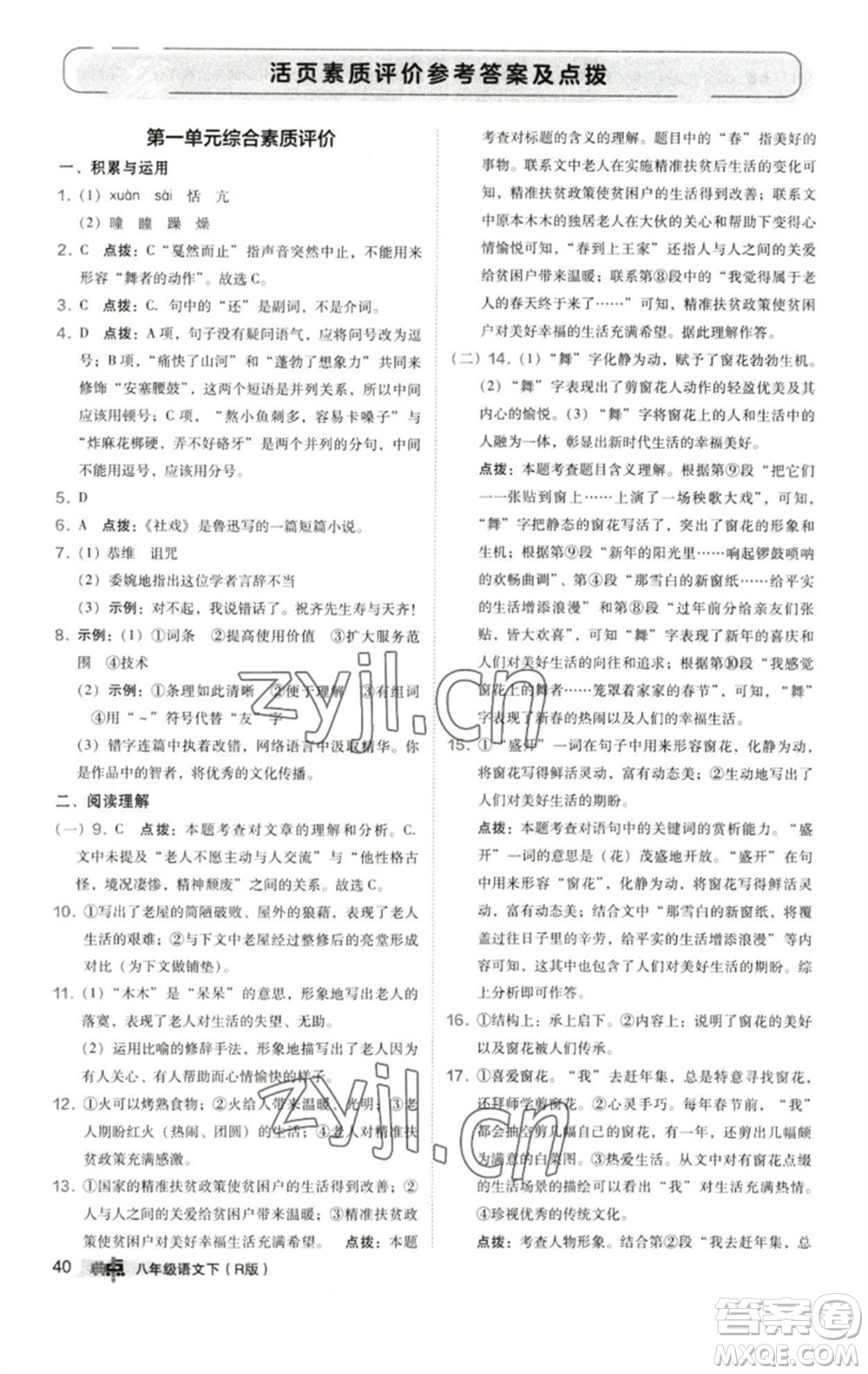 陜西人民教育出版社2023綜合應(yīng)用創(chuàng)新題典中點八年級語文下冊人教版參考答案