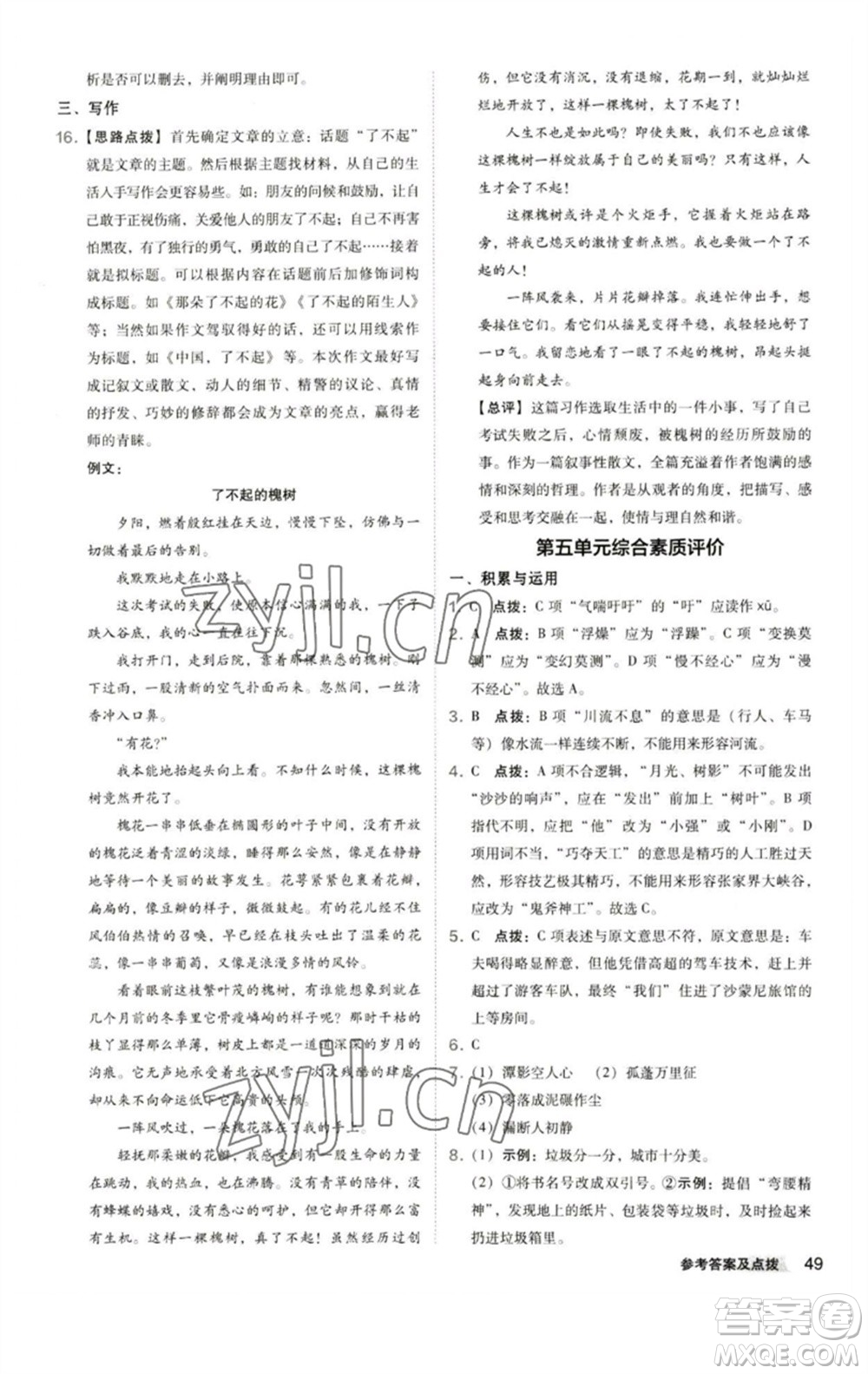 陜西人民教育出版社2023綜合應(yīng)用創(chuàng)新題典中點八年級語文下冊人教版參考答案