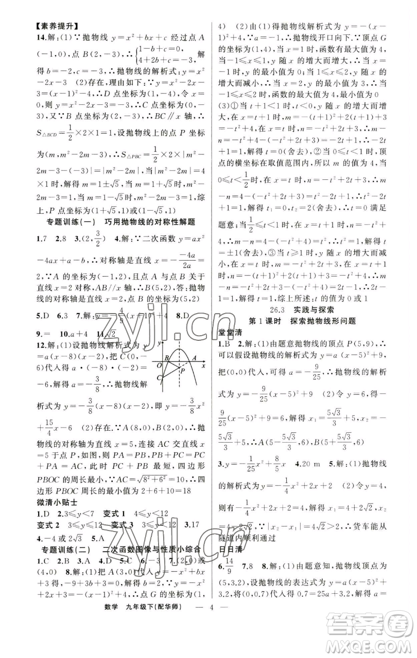 新疆青少年出版社2023四清導(dǎo)航九年級(jí)下冊(cè)數(shù)學(xué)華師大版參考答案