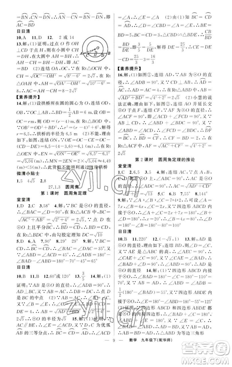 新疆青少年出版社2023四清導(dǎo)航九年級(jí)下冊(cè)數(shù)學(xué)華師大版參考答案