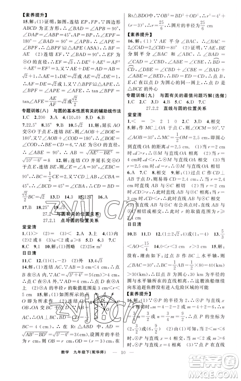 新疆青少年出版社2023四清導(dǎo)航九年級(jí)下冊(cè)數(shù)學(xué)華師大版參考答案