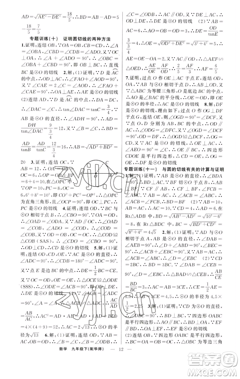 新疆青少年出版社2023四清導(dǎo)航九年級(jí)下冊(cè)數(shù)學(xué)華師大版參考答案