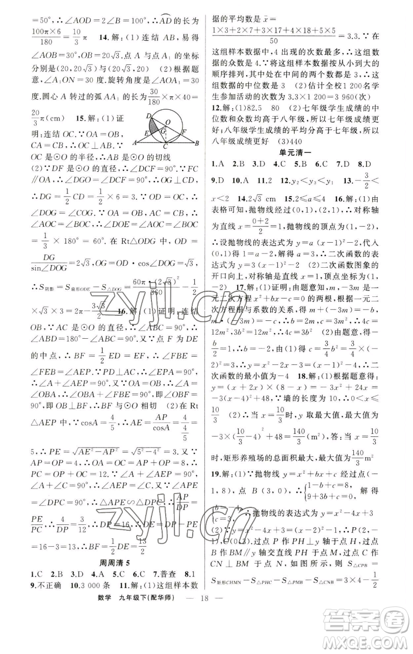 新疆青少年出版社2023四清導(dǎo)航九年級(jí)下冊(cè)數(shù)學(xué)華師大版參考答案