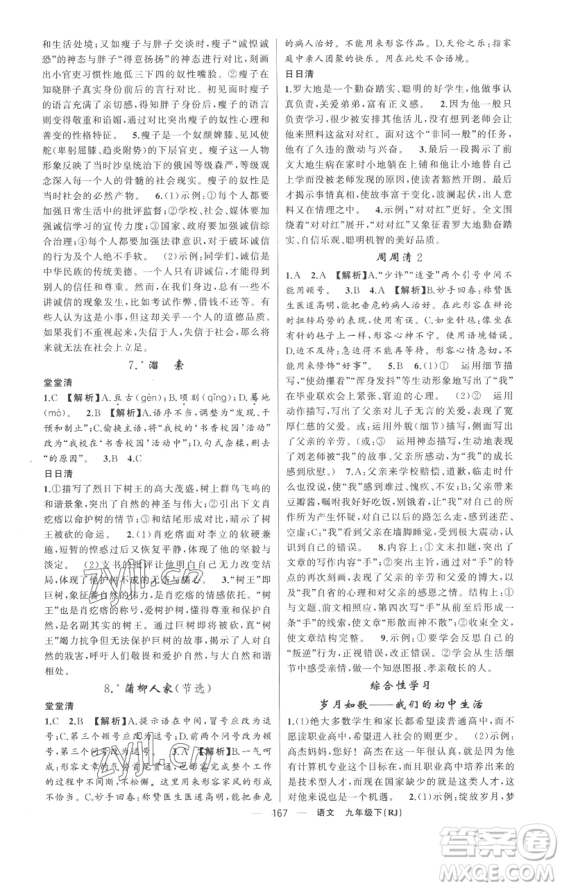 新疆青少年出版社2023四清導(dǎo)航九年級(jí)下冊(cè)語(yǔ)文人教版黃岡專(zhuān)版參考答案