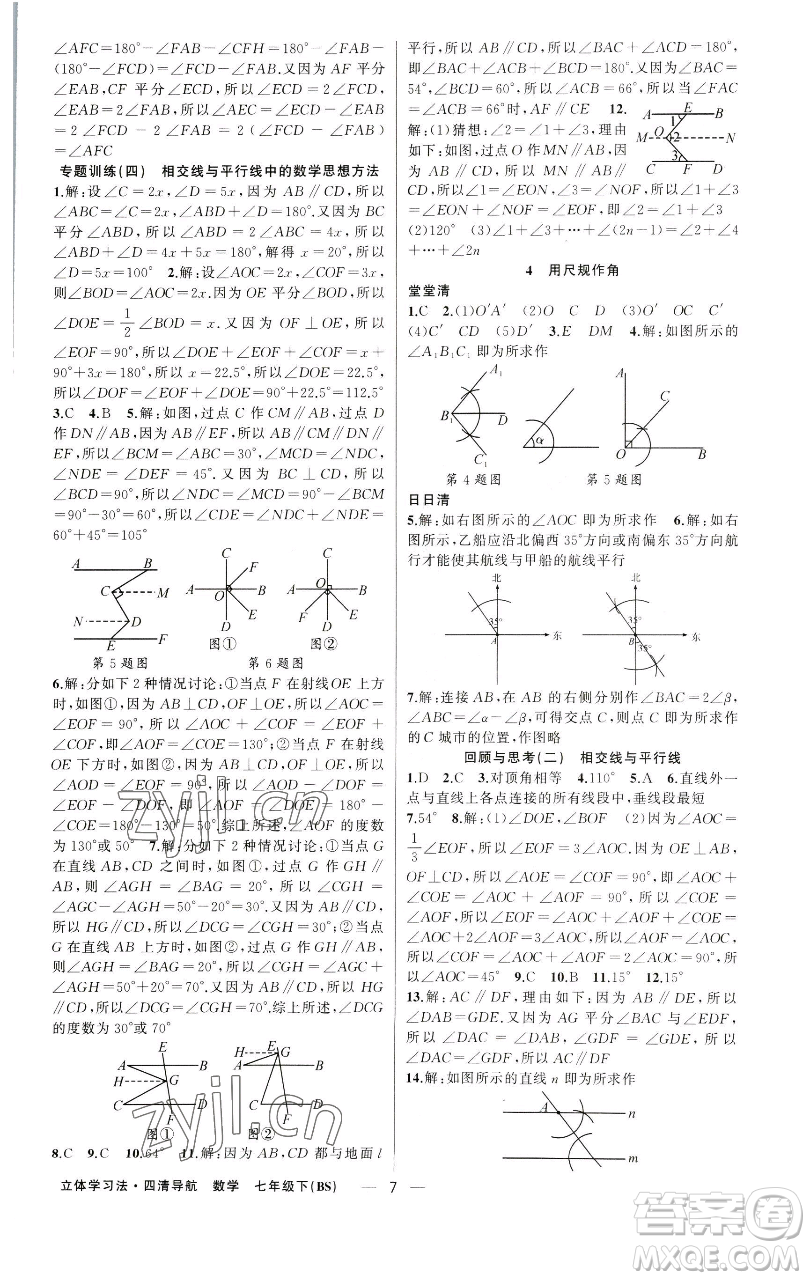 新疆青少年出版社2023四清導(dǎo)航七年級下冊數(shù)學(xué)北師大版遼寧專版參考答案