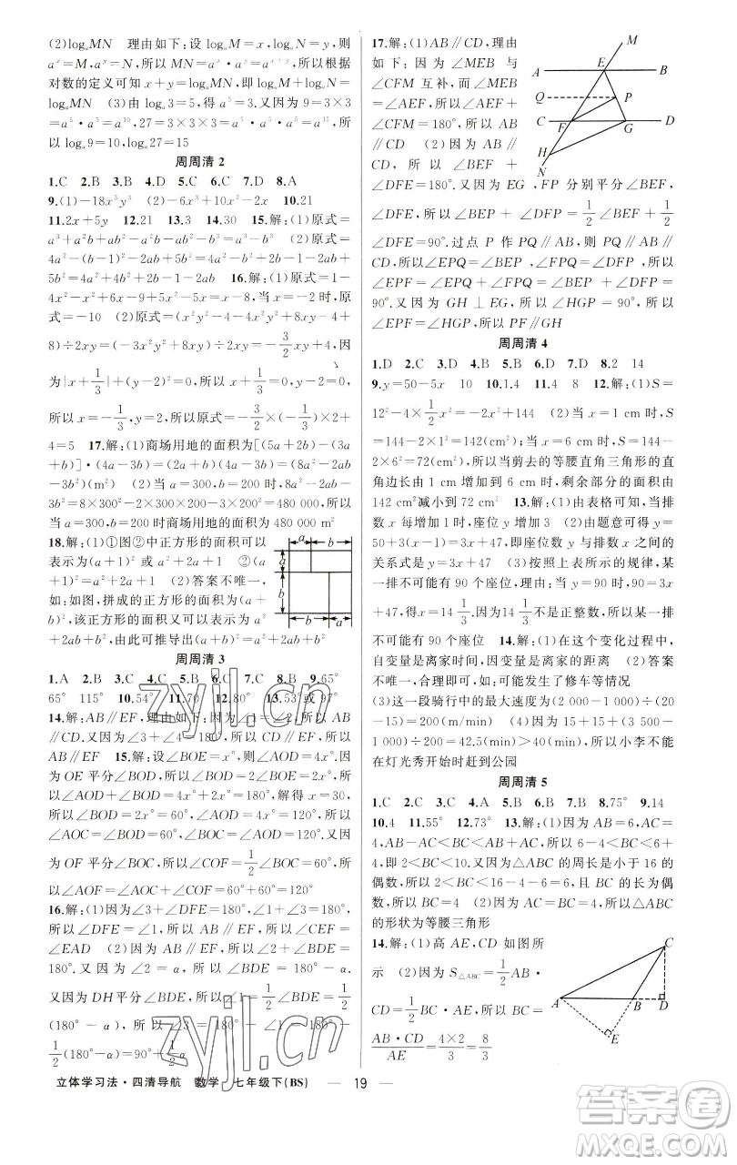 新疆青少年出版社2023四清導(dǎo)航七年級下冊數(shù)學(xué)北師大版遼寧專版參考答案