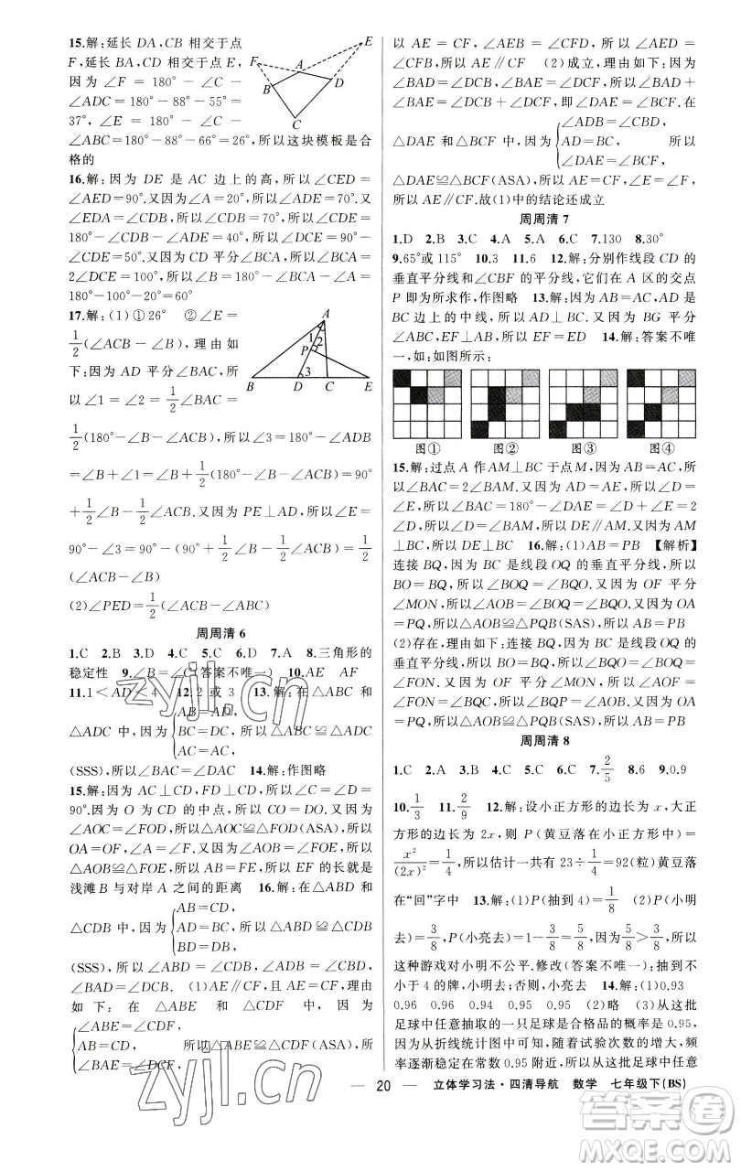新疆青少年出版社2023四清導(dǎo)航七年級下冊數(shù)學(xué)北師大版遼寧專版參考答案