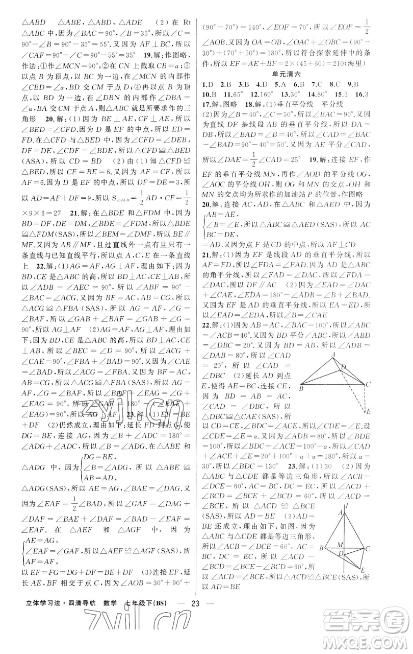 新疆青少年出版社2023四清導(dǎo)航七年級下冊數(shù)學(xué)北師大版遼寧專版參考答案