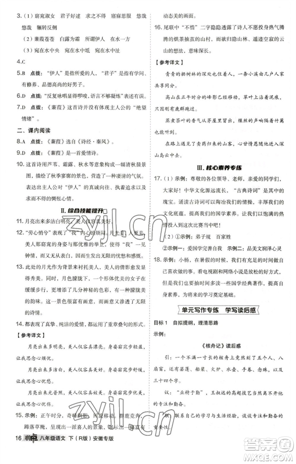 吉林教育出版社2023綜合應用創(chuàng)新題典中點八年級語文下冊人教版安徽專版參考答案
