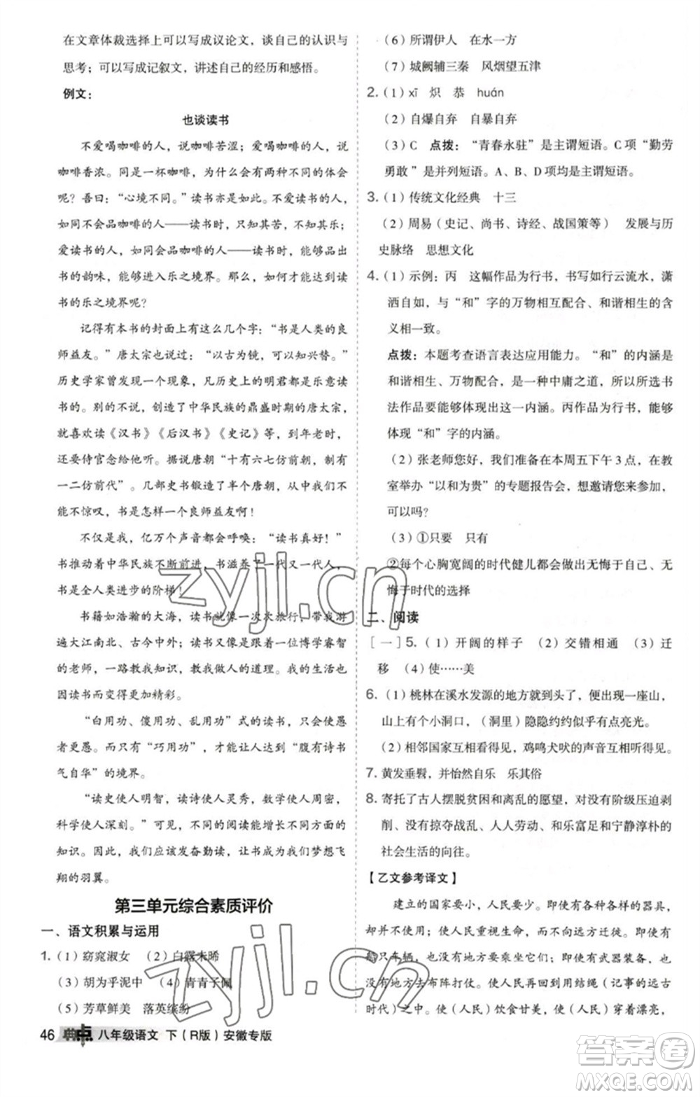 吉林教育出版社2023綜合應用創(chuàng)新題典中點八年級語文下冊人教版安徽專版參考答案