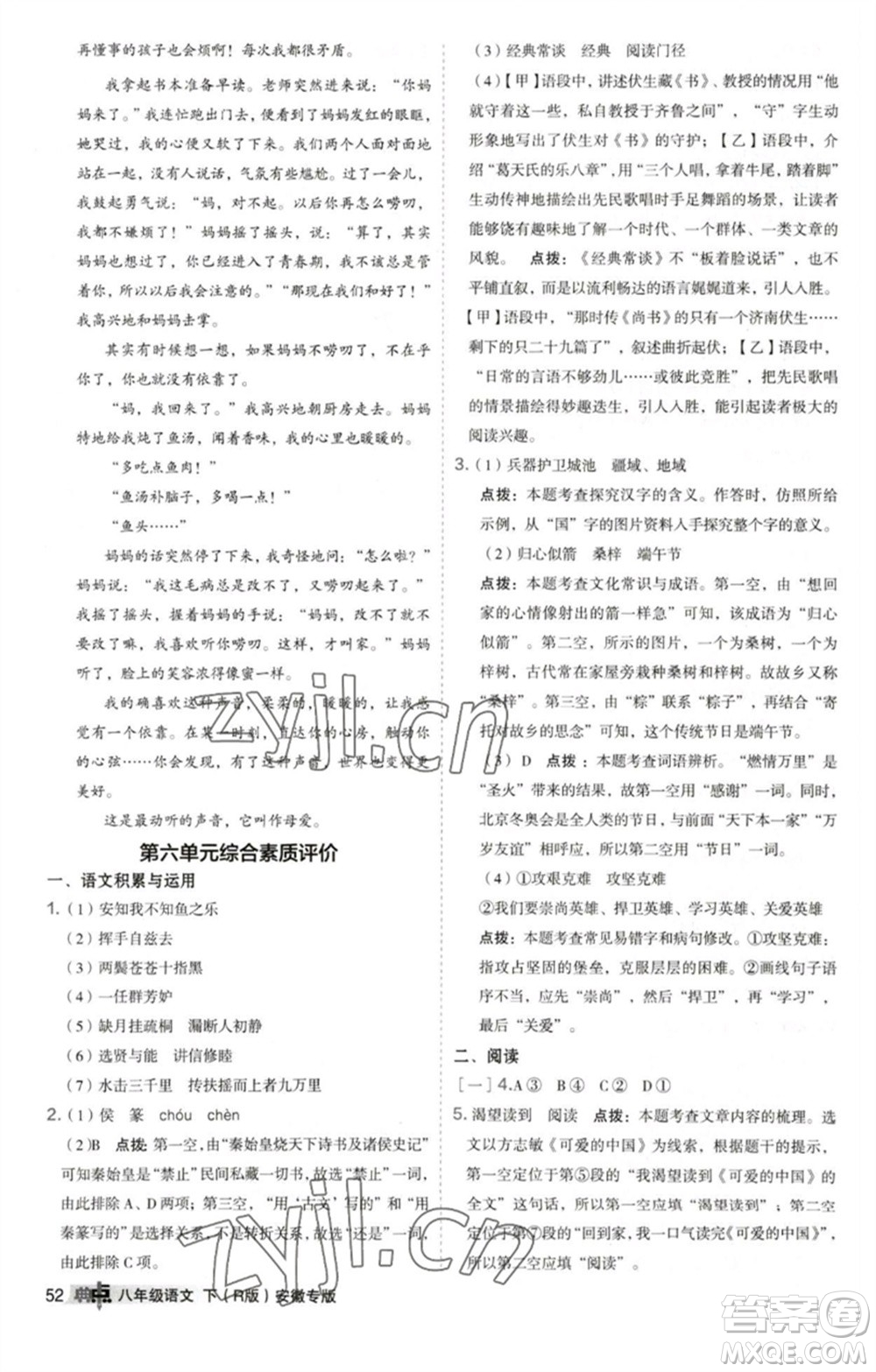 吉林教育出版社2023綜合應用創(chuàng)新題典中點八年級語文下冊人教版安徽專版參考答案