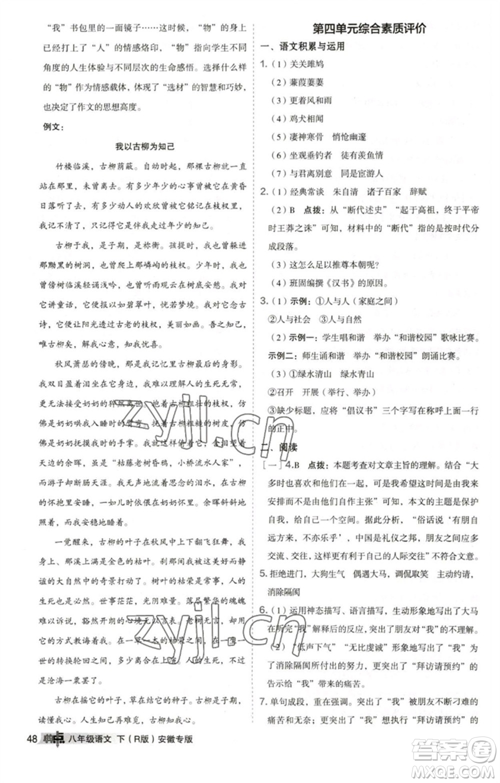 吉林教育出版社2023綜合應用創(chuàng)新題典中點八年級語文下冊人教版安徽專版參考答案