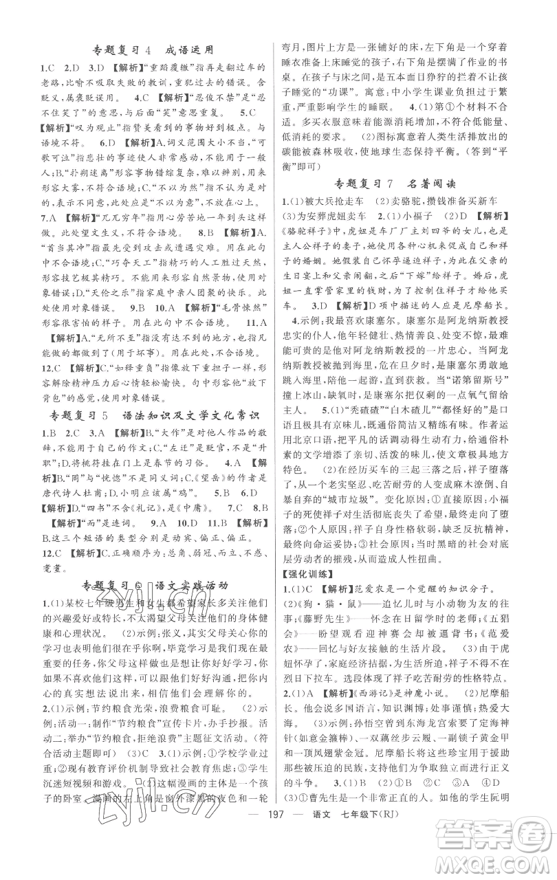 新疆青少年出版社2023四清導航七年級下冊語文人教版黃岡專版參考答案