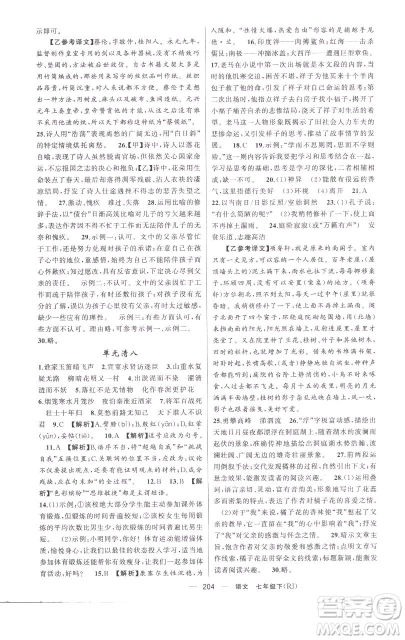 新疆青少年出版社2023四清導航七年級下冊語文人教版黃岡專版參考答案