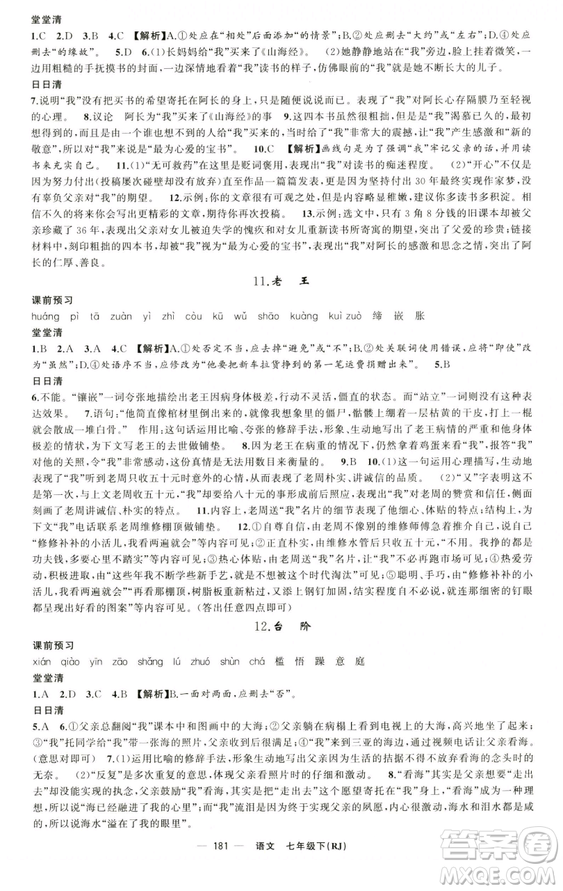 新疆青少年出版社2023四清導(dǎo)航七年級(jí)下冊(cè)語(yǔ)文人教版黃石專版參考答案
