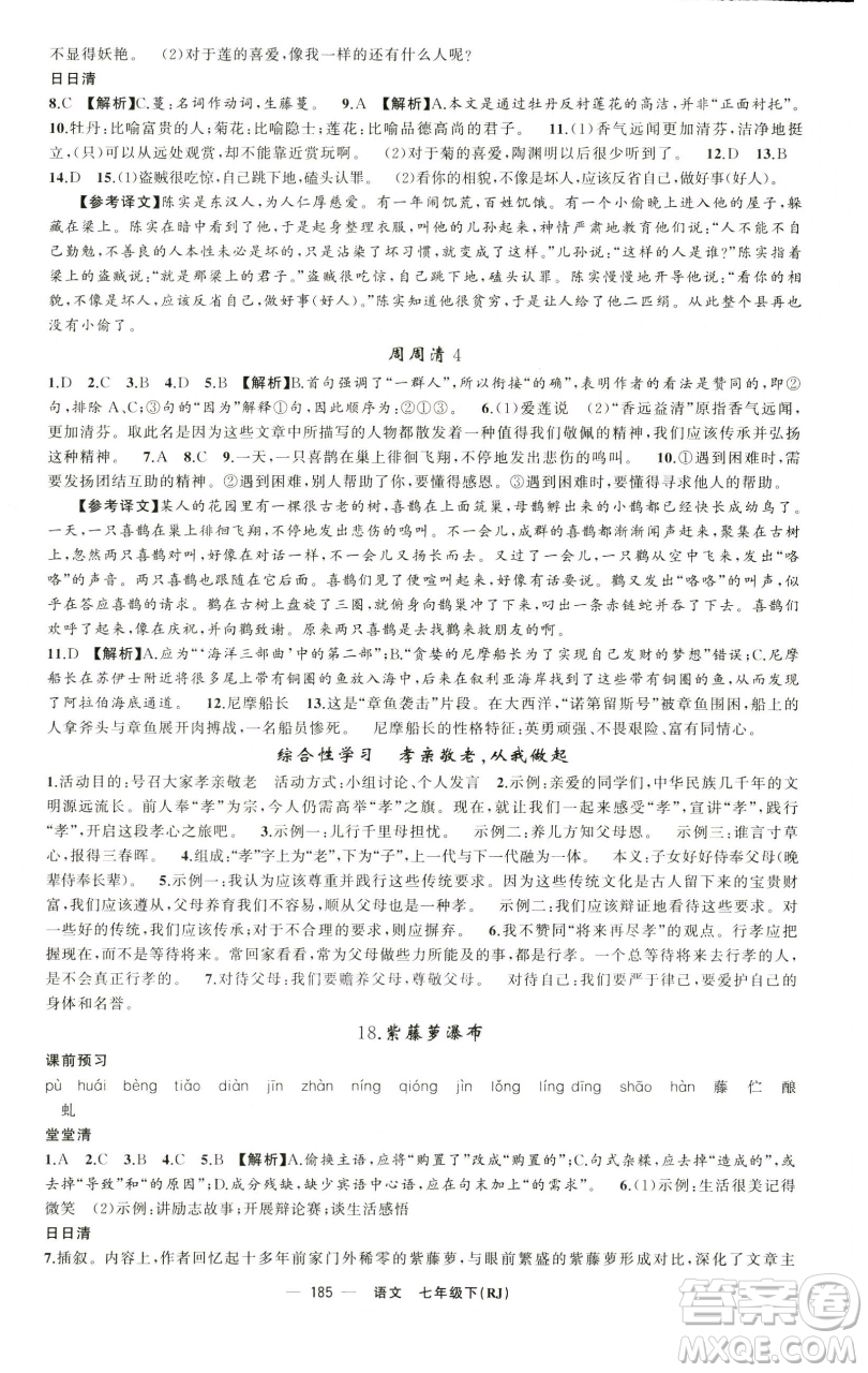新疆青少年出版社2023四清導(dǎo)航七年級(jí)下冊(cè)語(yǔ)文人教版黃石專版參考答案