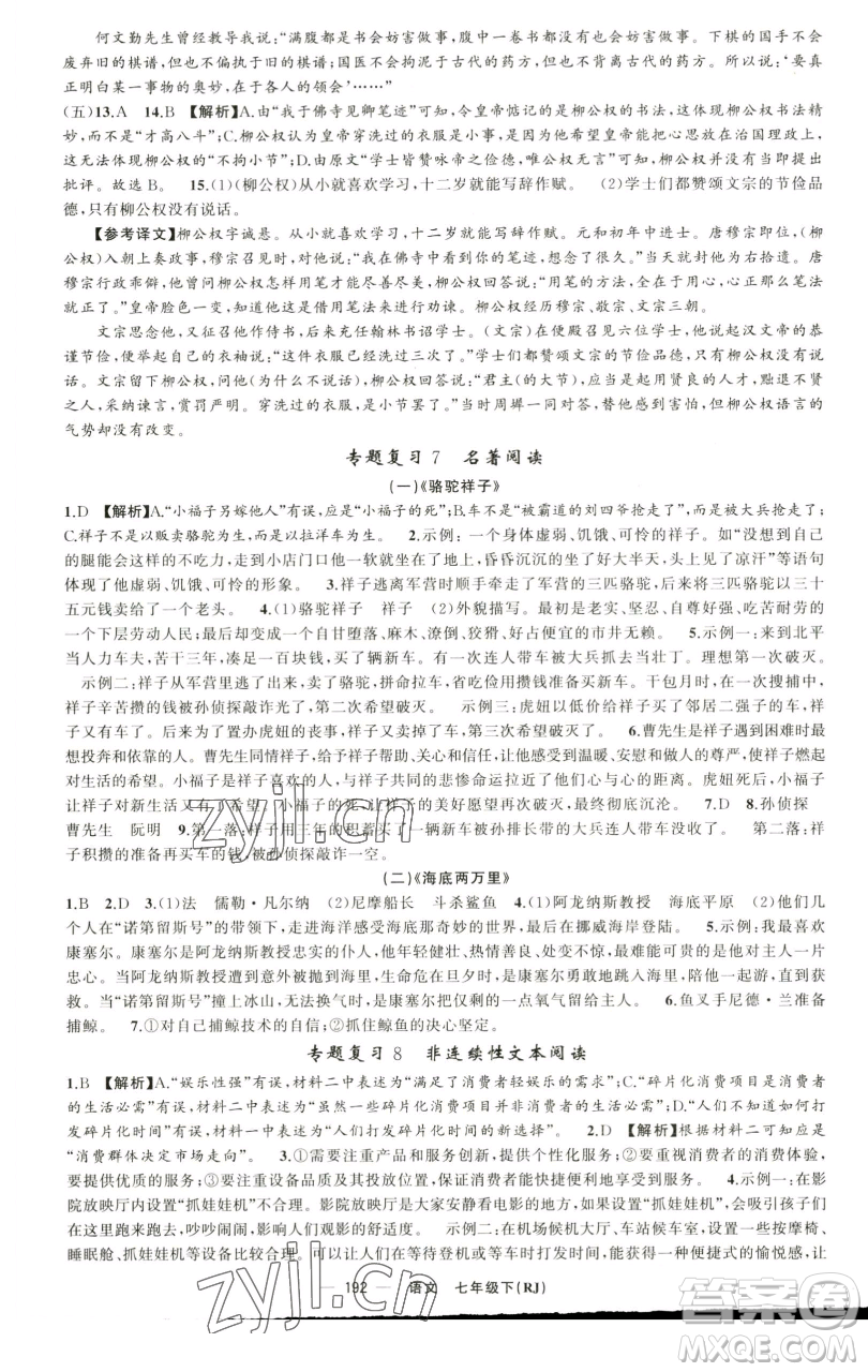 新疆青少年出版社2023四清導(dǎo)航七年級(jí)下冊(cè)語(yǔ)文人教版黃石專版參考答案