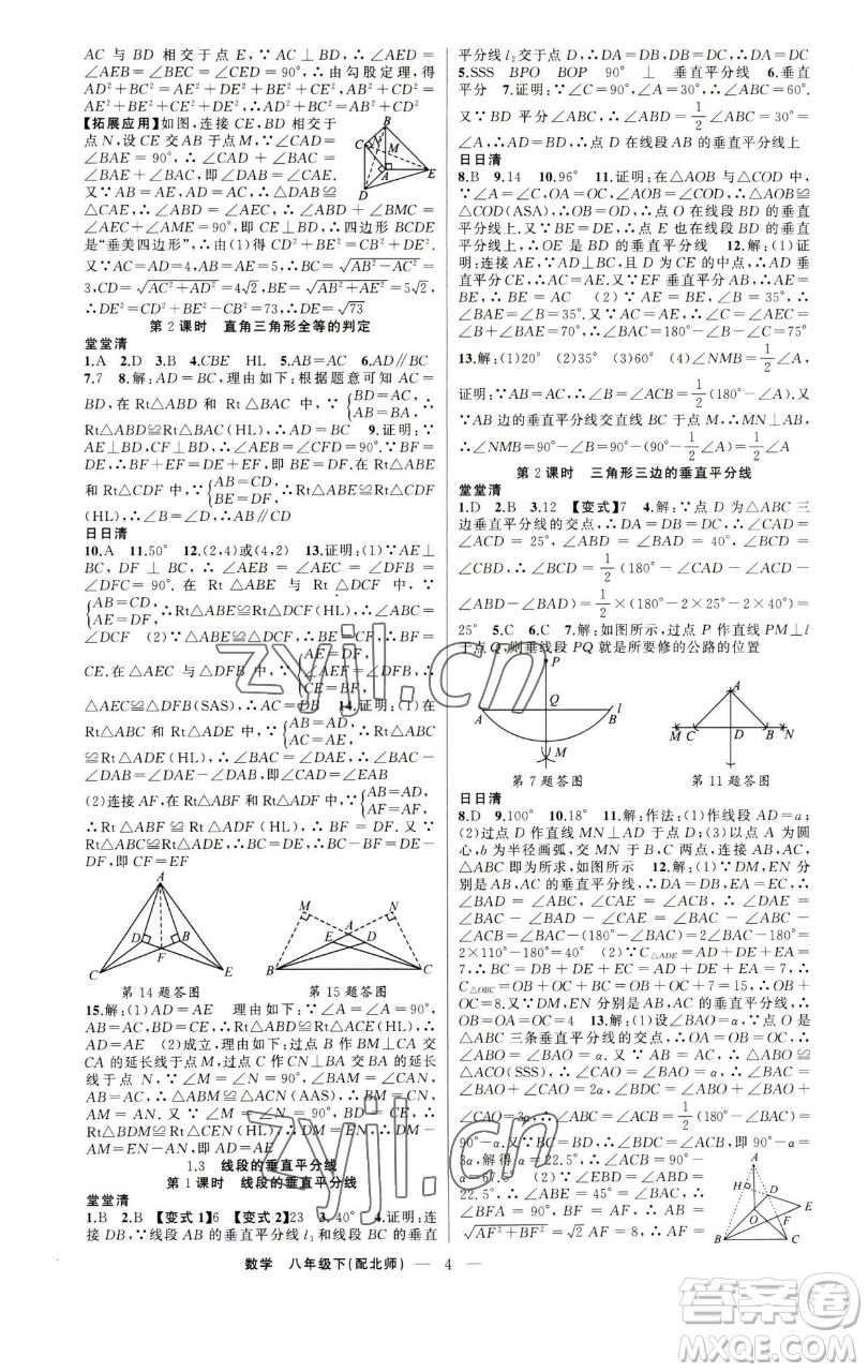 新疆青少年出版社2023四清導(dǎo)航八年級(jí)下冊(cè)數(shù)學(xué)北師大版參考答案