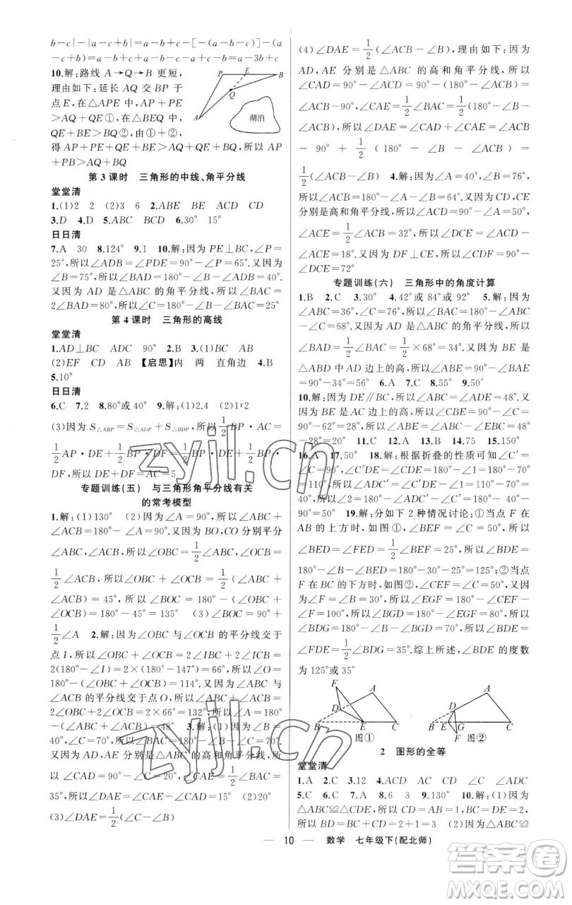新疆青少年出版社2023四清導(dǎo)航七年級下冊數(shù)學北師大版參考答案