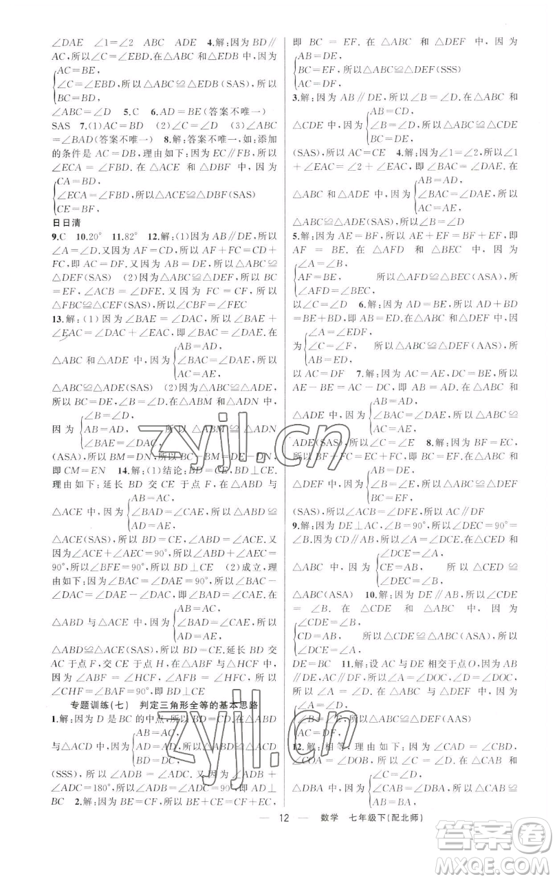 新疆青少年出版社2023四清導(dǎo)航七年級下冊數(shù)學北師大版參考答案