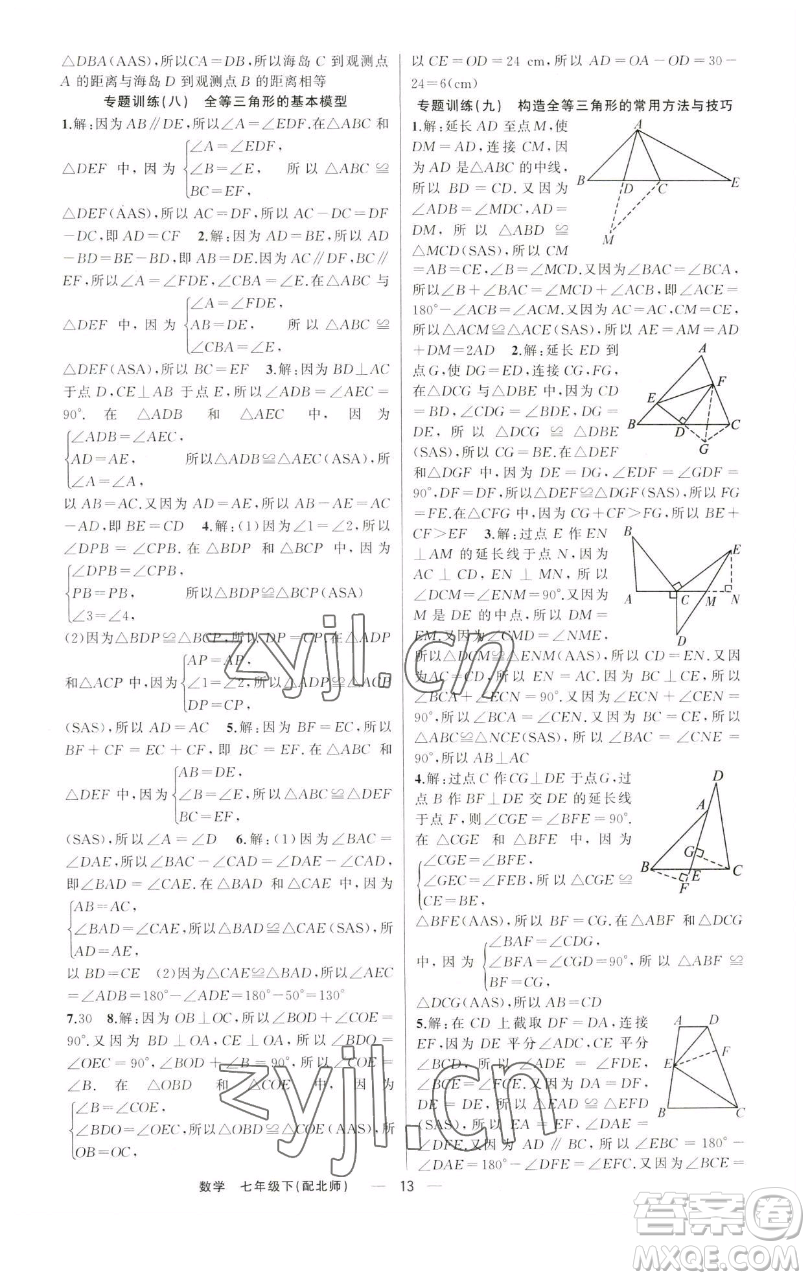 新疆青少年出版社2023四清導(dǎo)航七年級下冊數(shù)學北師大版參考答案