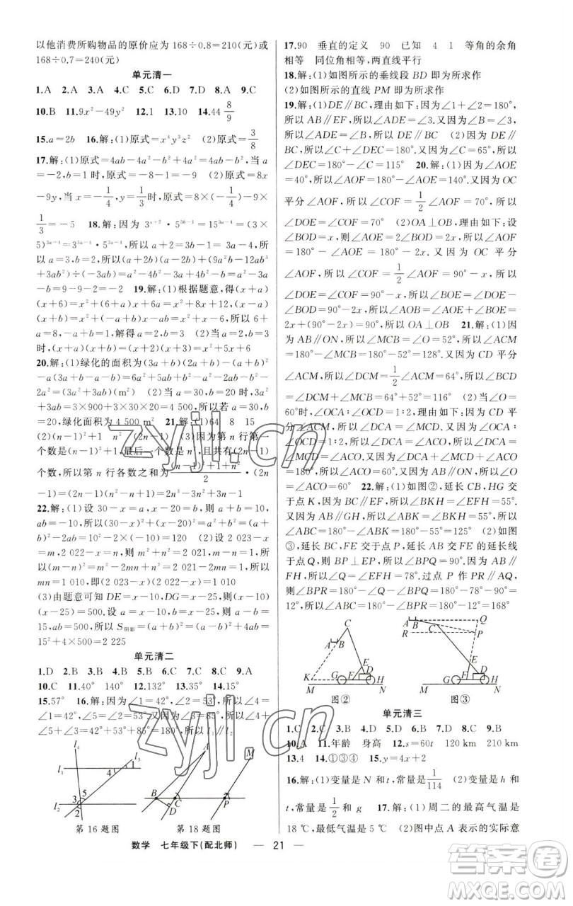 新疆青少年出版社2023四清導(dǎo)航七年級下冊數(shù)學北師大版參考答案