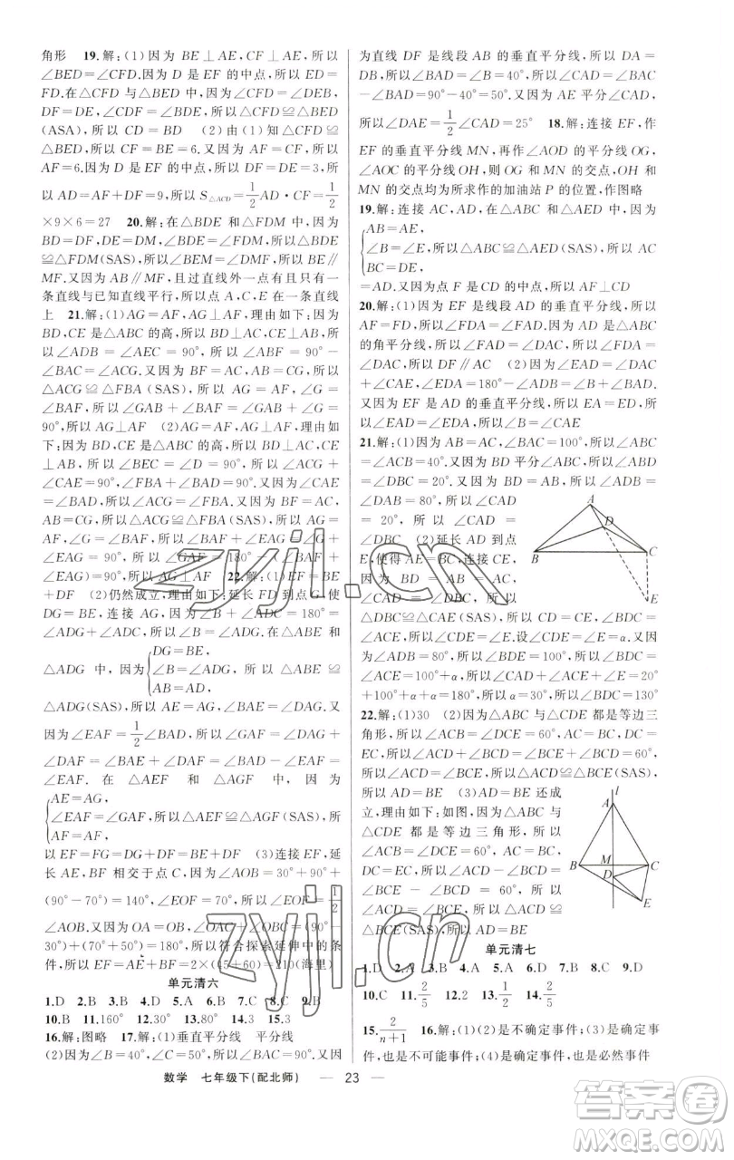 新疆青少年出版社2023四清導(dǎo)航七年級下冊數(shù)學北師大版參考答案