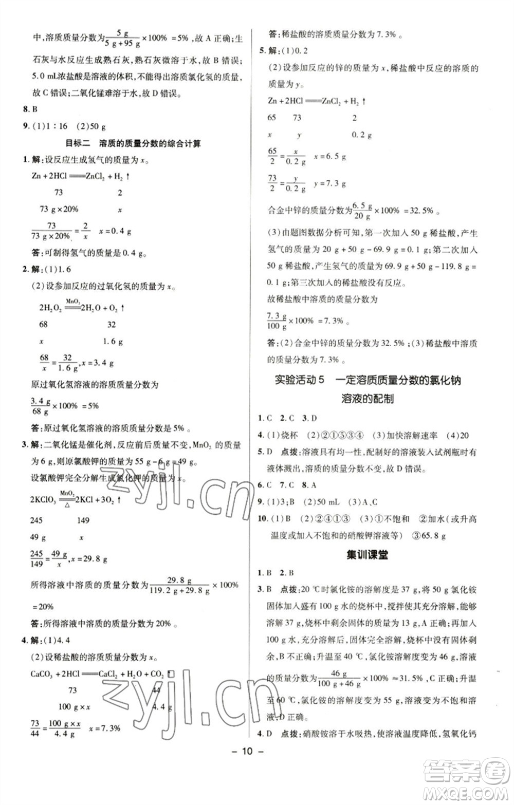 陜西人民教育出版社2023綜合應(yīng)用創(chuàng)新題典中點九年級化學下冊人教版參考答案