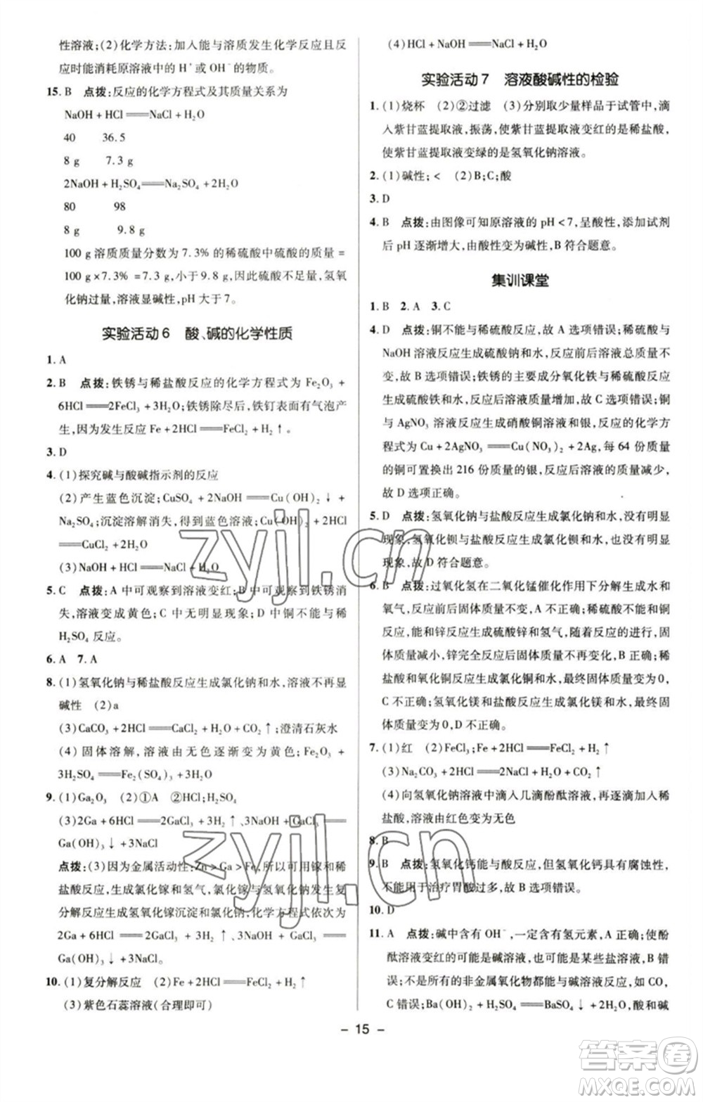 陜西人民教育出版社2023綜合應(yīng)用創(chuàng)新題典中點九年級化學下冊人教版參考答案