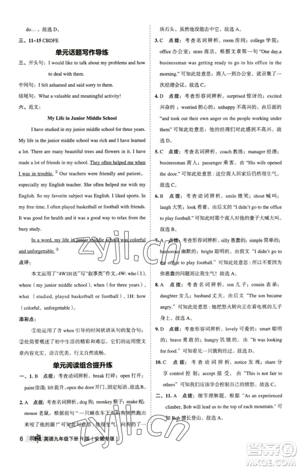 山西教育出版社2023綜合應用創(chuàng)新題典中點九年級英語下冊人教版安徽專版參考答案