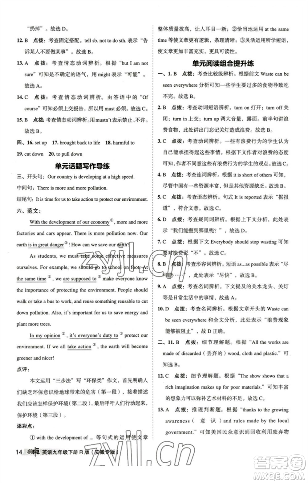 山西教育出版社2023綜合應用創(chuàng)新題典中點九年級英語下冊人教版安徽專版參考答案