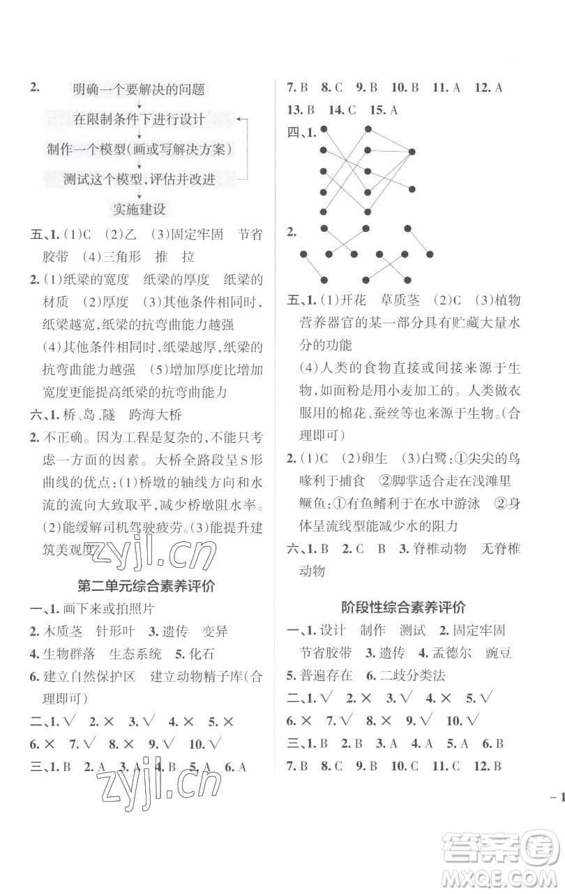 遼寧教育出版社2023小學(xué)學(xué)霸作業(yè)本六年級下冊科學(xué)教科版參考答案