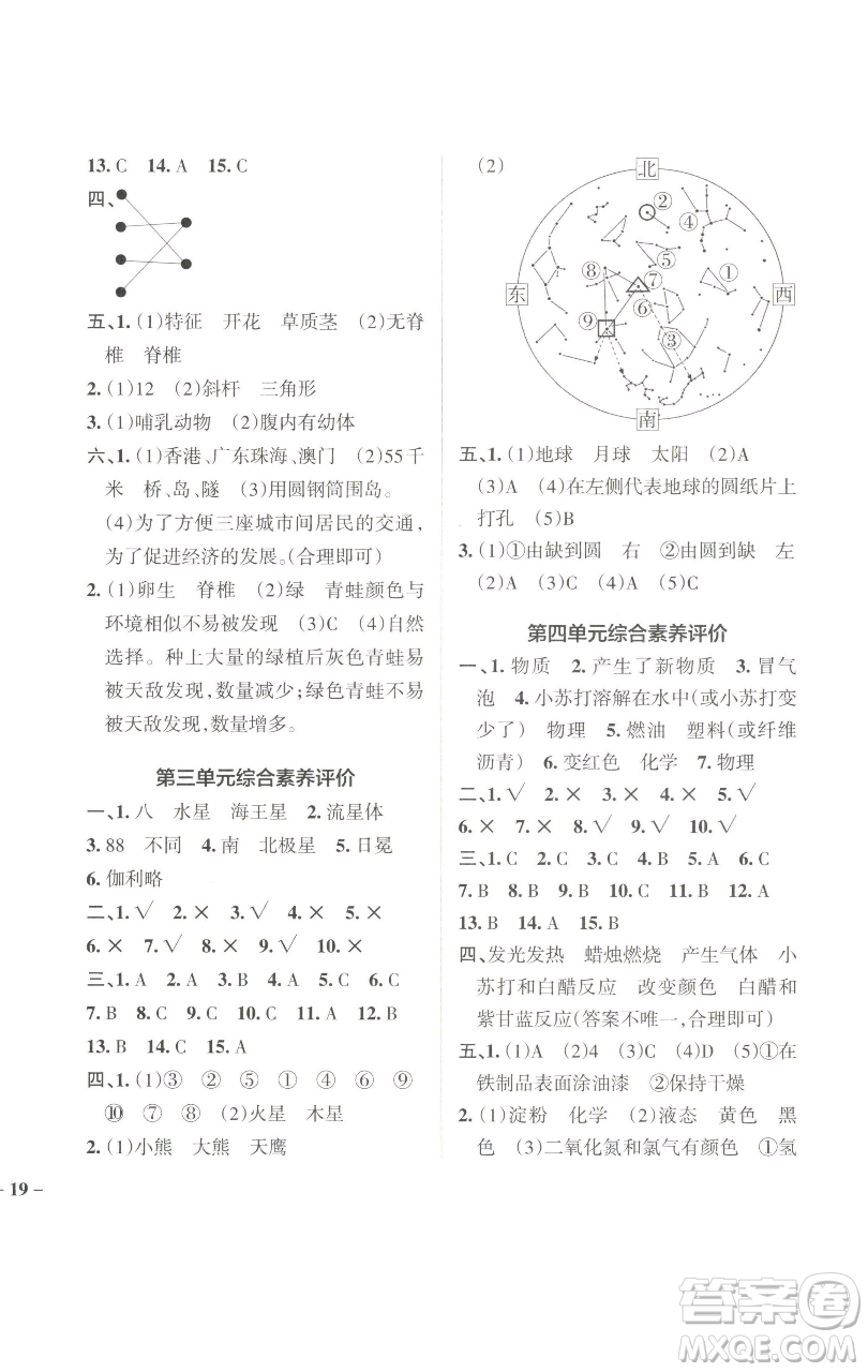 遼寧教育出版社2023小學(xué)學(xué)霸作業(yè)本六年級下冊科學(xué)教科版參考答案