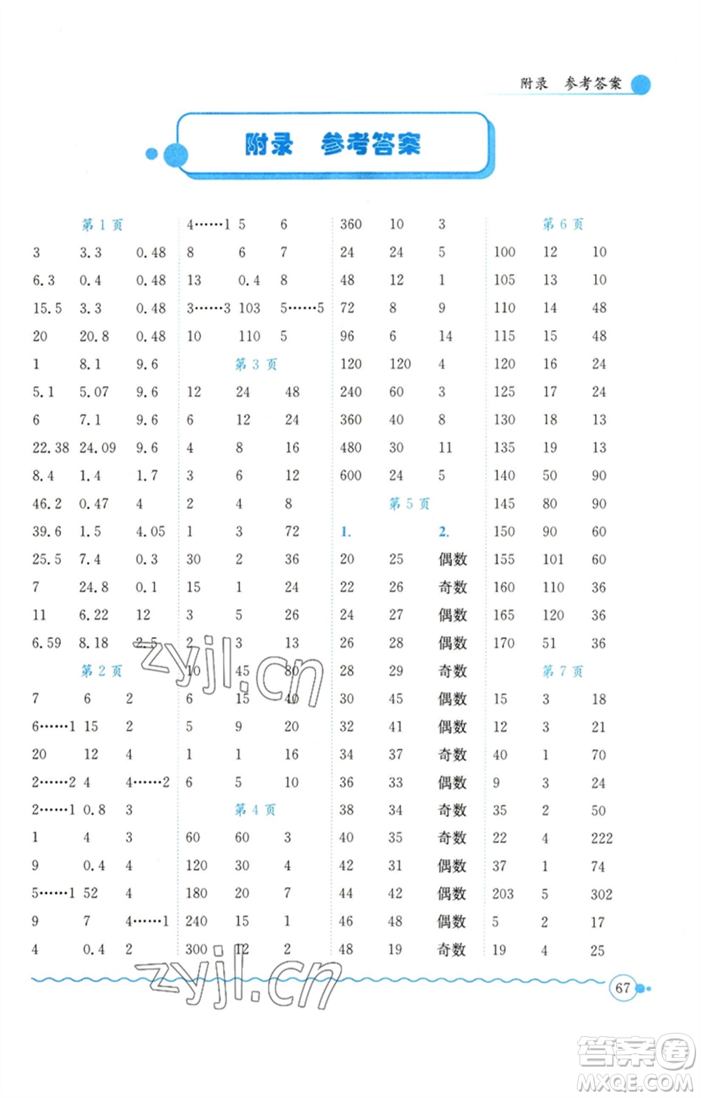 龍門書局2023黃岡小狀元口算速算練習(xí)冊五年級數(shù)學(xué)下冊人教版參考答案