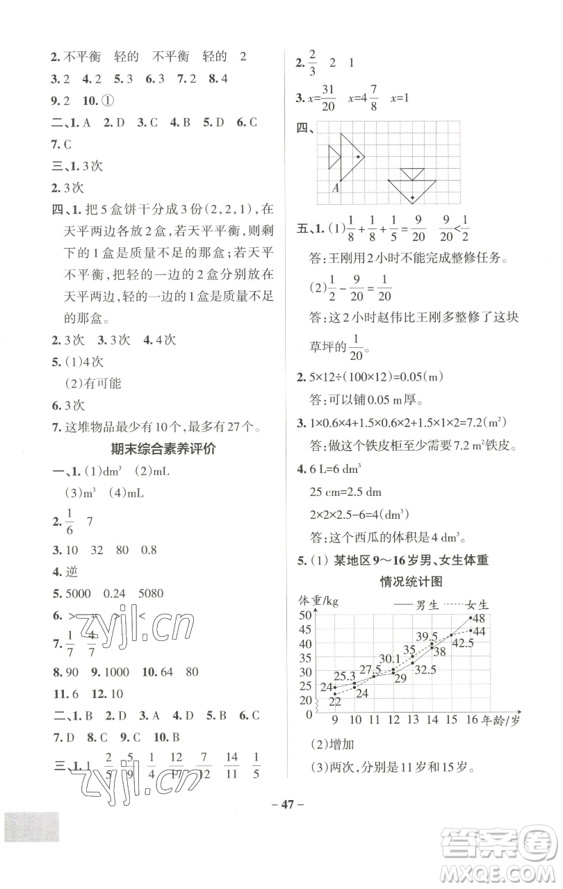 遼寧教育出版社2023小學(xué)學(xué)霸作業(yè)本五年級下冊數(shù)學(xué)人教版參考答案