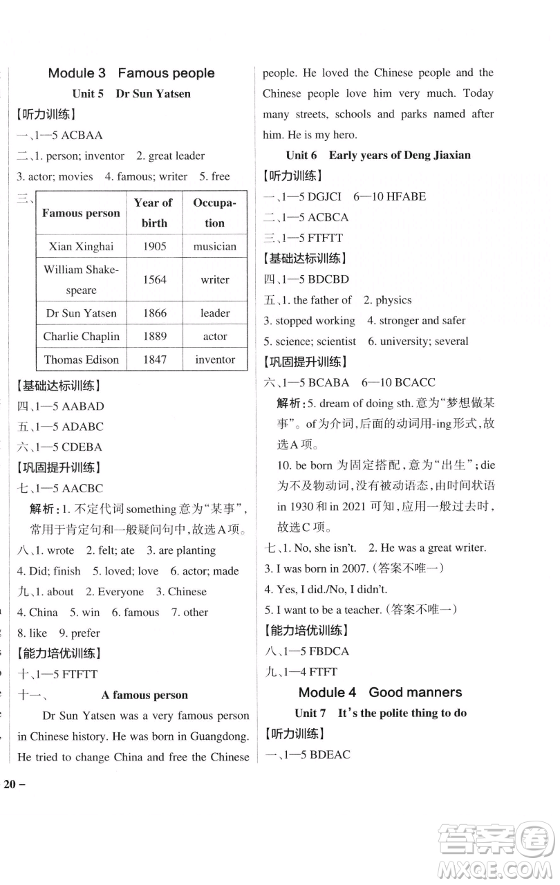 遼寧教育出版社2023小學學霸作業(yè)本六年級下冊英語教科版廣州專版參考答案