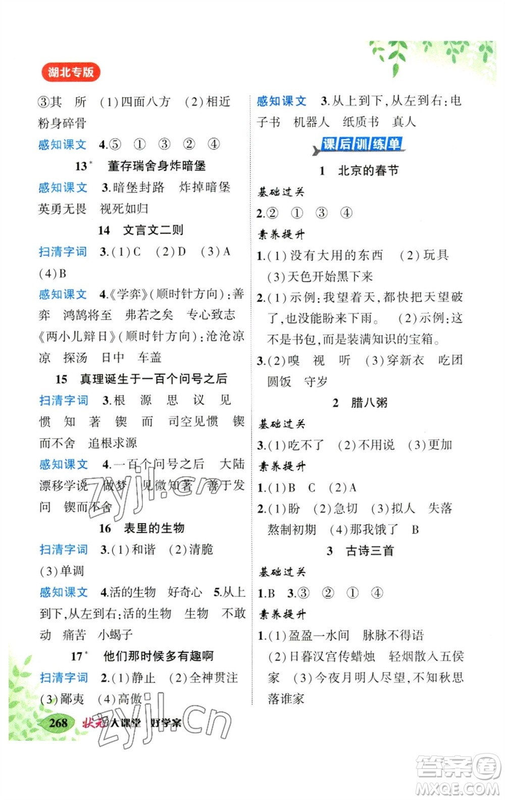 吉林教育出版社2023春季狀元成才路狀元大課堂六年級(jí)語(yǔ)文下冊(cè)人教版湖北專版參考答案
