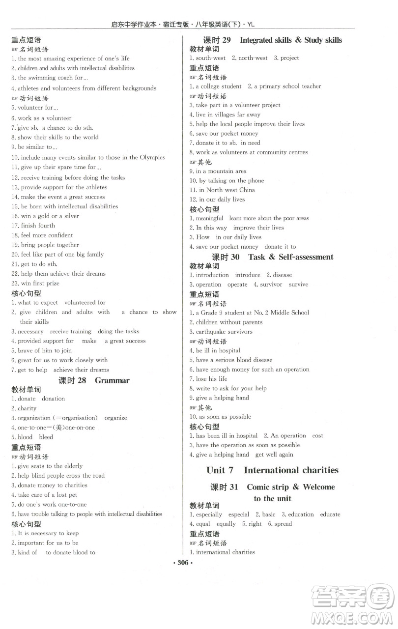 龍門書局2023啟東中學作業(yè)本八年級下冊英語譯林版宿遷專版參考答案