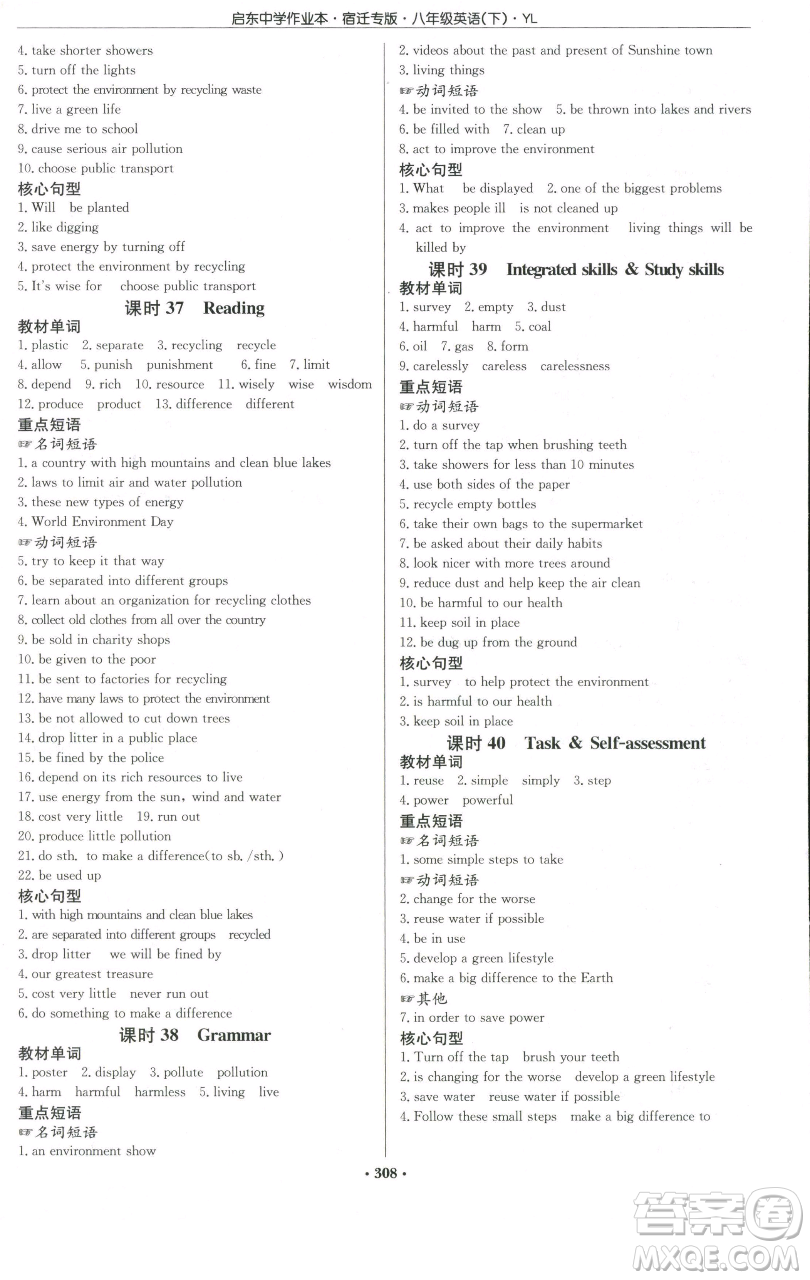 龍門書局2023啟東中學作業(yè)本八年級下冊英語譯林版宿遷專版參考答案