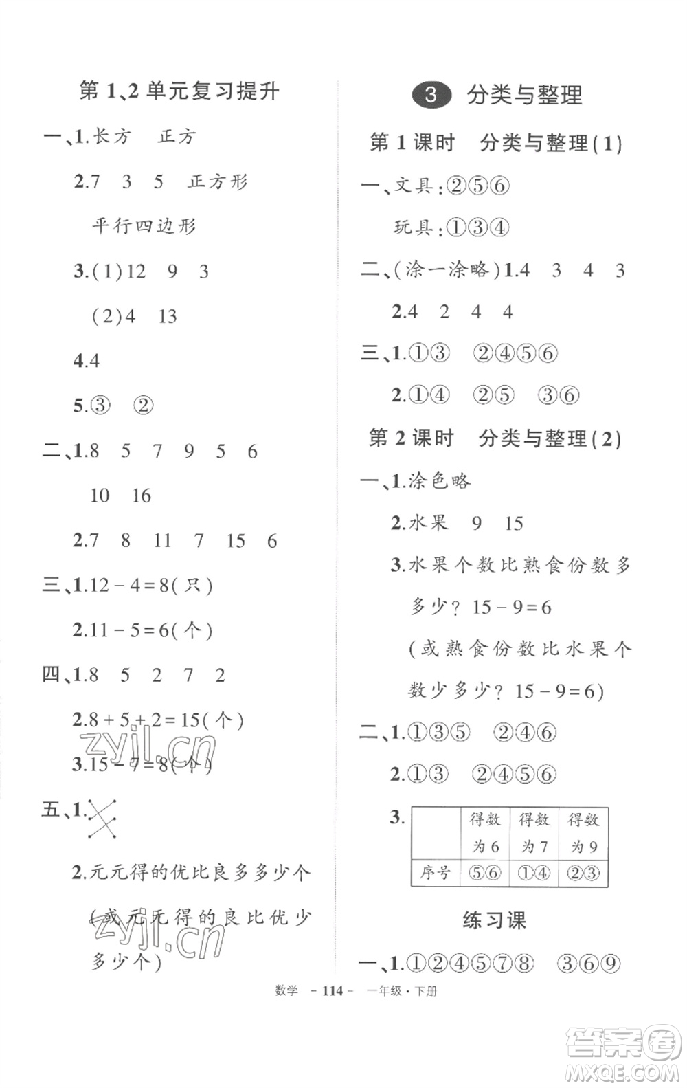 武漢出版社2023狀元成才路創(chuàng)優(yōu)作業(yè)100分一年級數(shù)學(xué)下冊人教版湖北專版參考答案