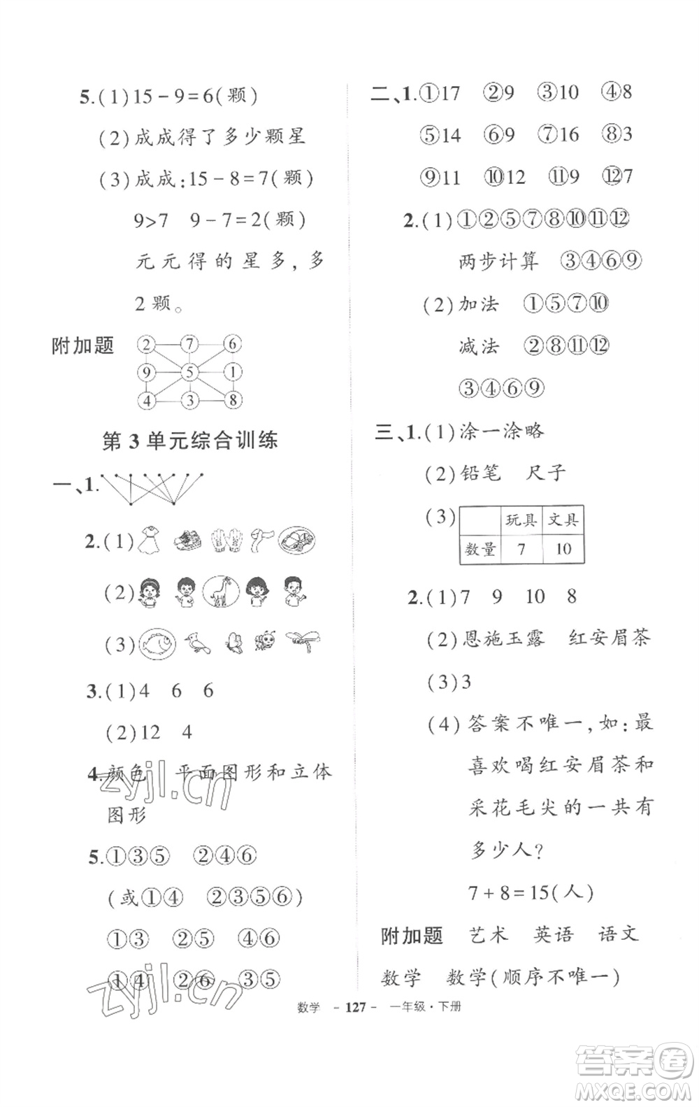 武漢出版社2023狀元成才路創(chuàng)優(yōu)作業(yè)100分一年級數(shù)學(xué)下冊人教版湖北專版參考答案