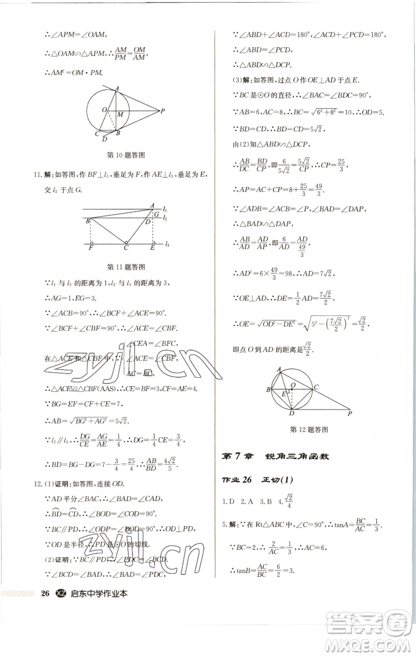 龍門書局2023啟東中學(xué)作業(yè)本九年級下冊數(shù)學(xué)江蘇版徐州專版參考答案