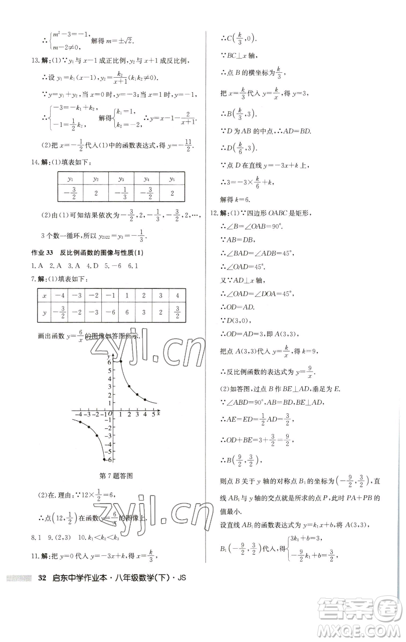 龍門書局2023啟東中學(xué)作業(yè)本八年級下冊數(shù)學(xué)江蘇版參考答案
