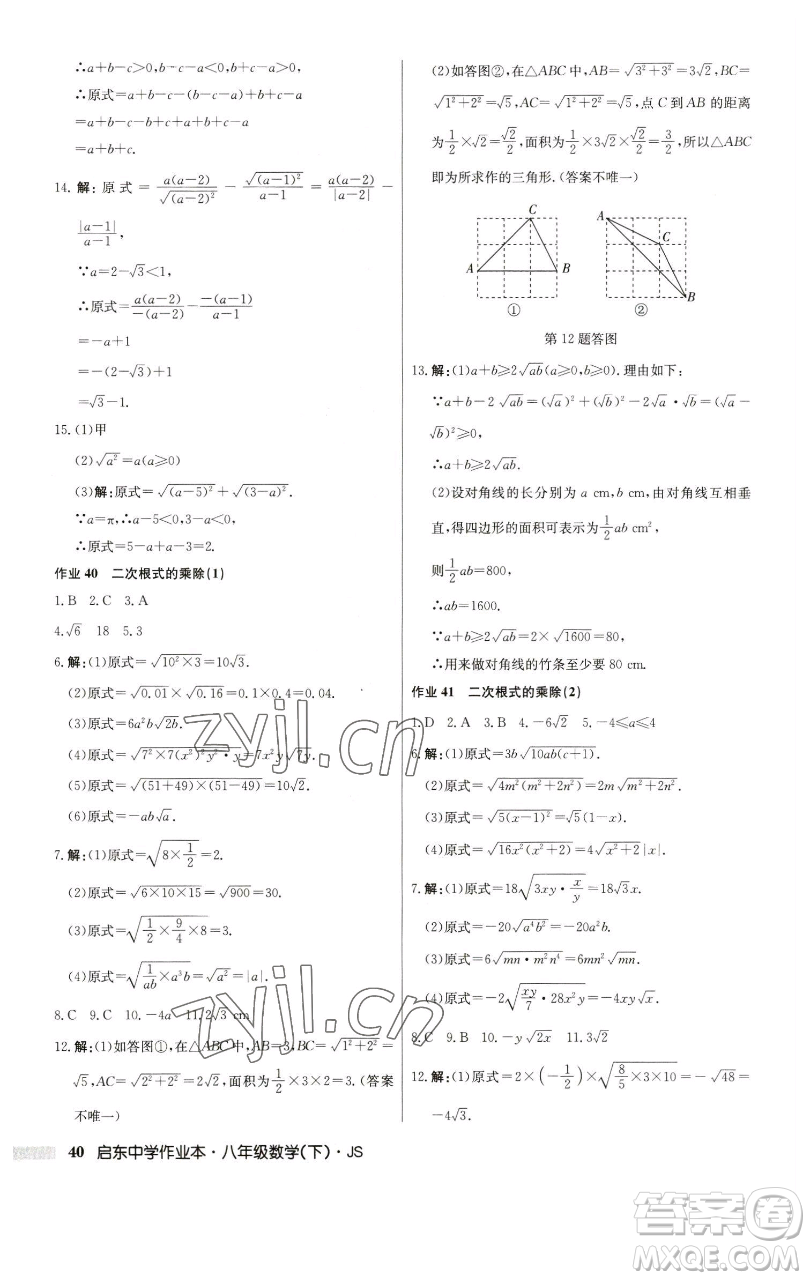 龍門書局2023啟東中學(xué)作業(yè)本八年級下冊數(shù)學(xué)江蘇版參考答案